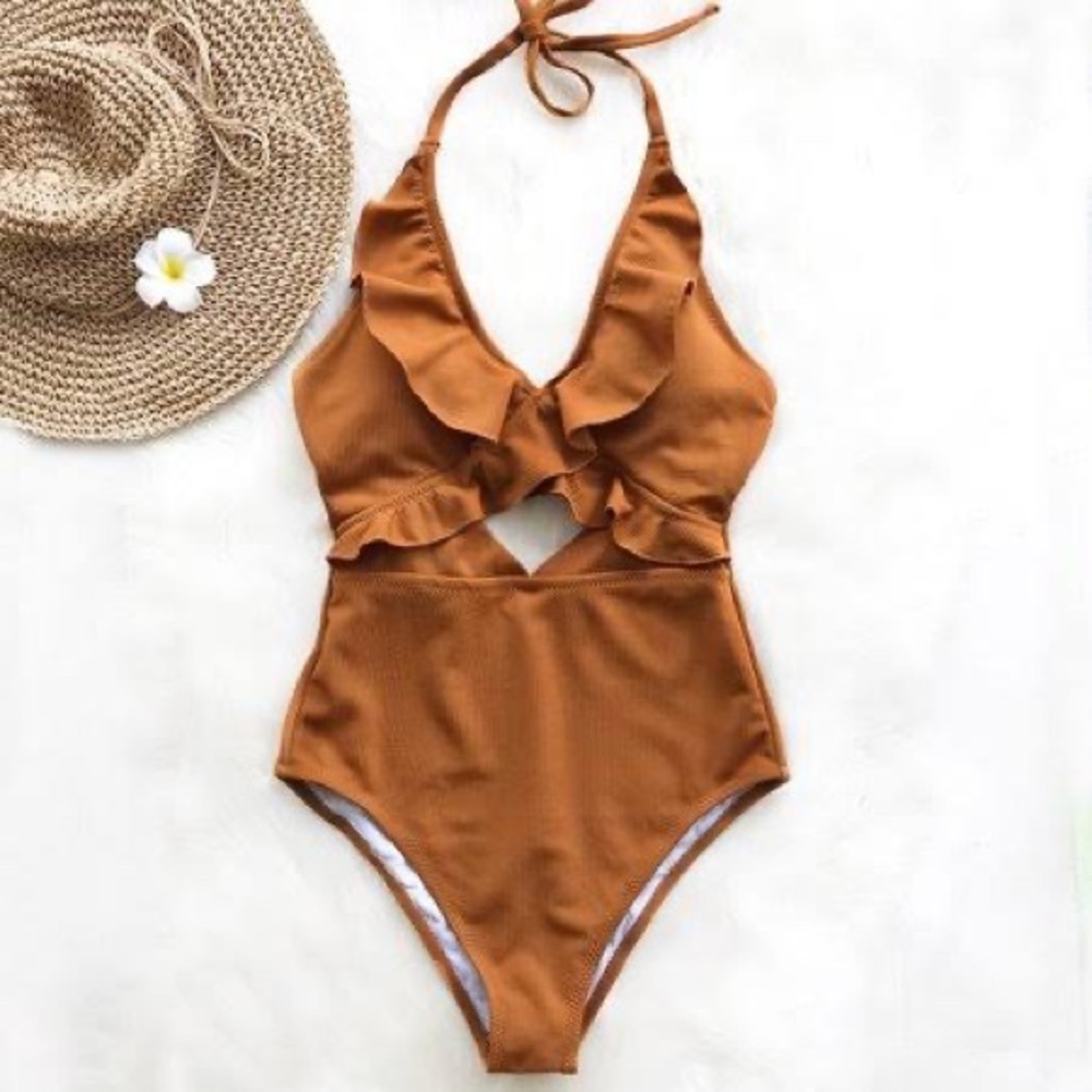 Rust colored one piece with ruffle